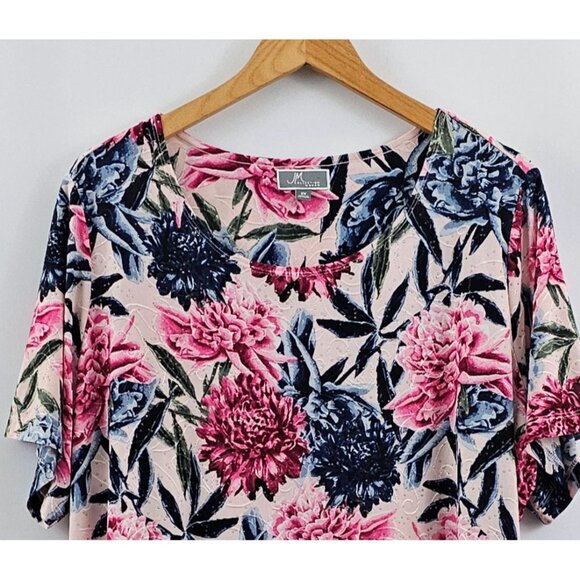 JM Collection Floral Top Woman 2X Short Sleeve Pink Blue Stretch Embellished - Picture 6 of 11